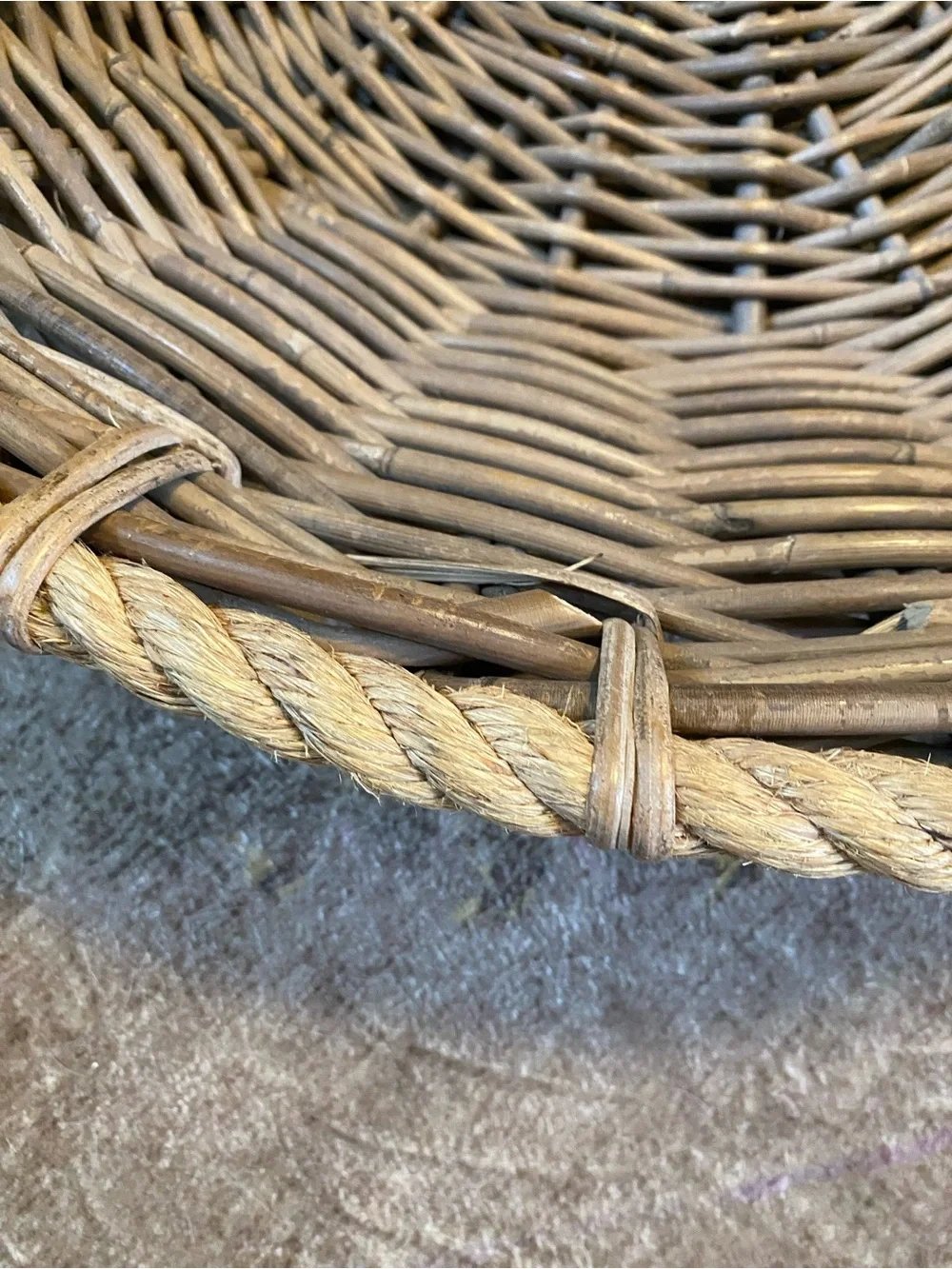 HUGE Vintage Gray Wash Round Wicker Basket Rope Handles Farmhouse Coastal Decor